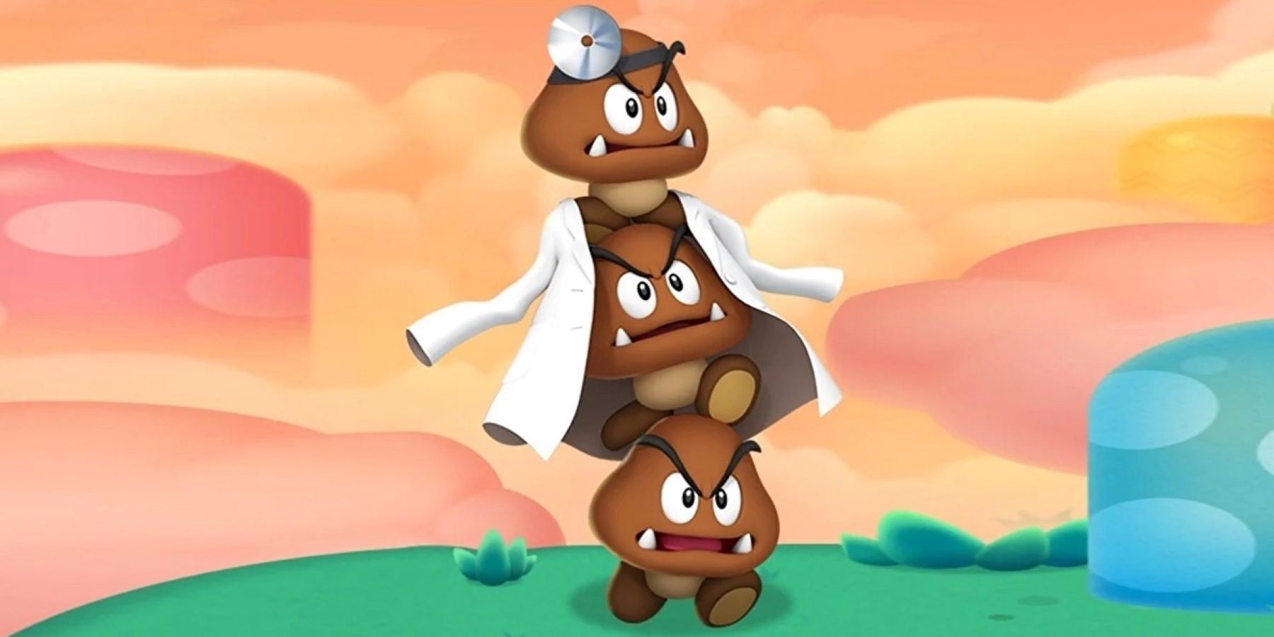 Dr. Goomba Tower from Dr. Mario World standing in front of a cloudy background