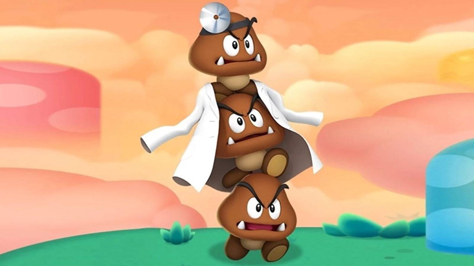 Dr. Goomba Tower from Dr. Mario World standing in front of a cloudy background