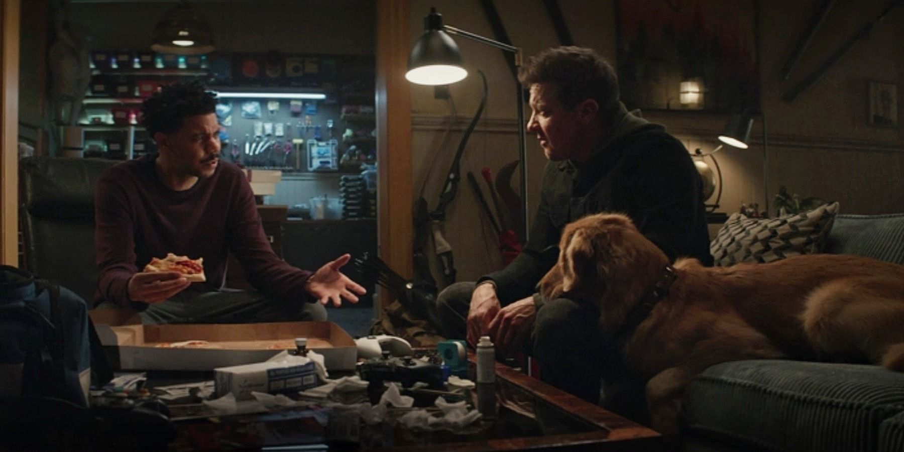 Grills Clint Barton and Lucky the pizza dog
