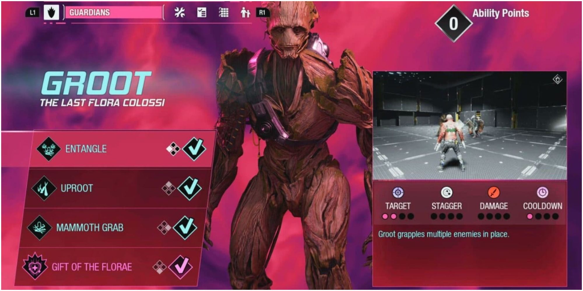 Groot Abilities Screen