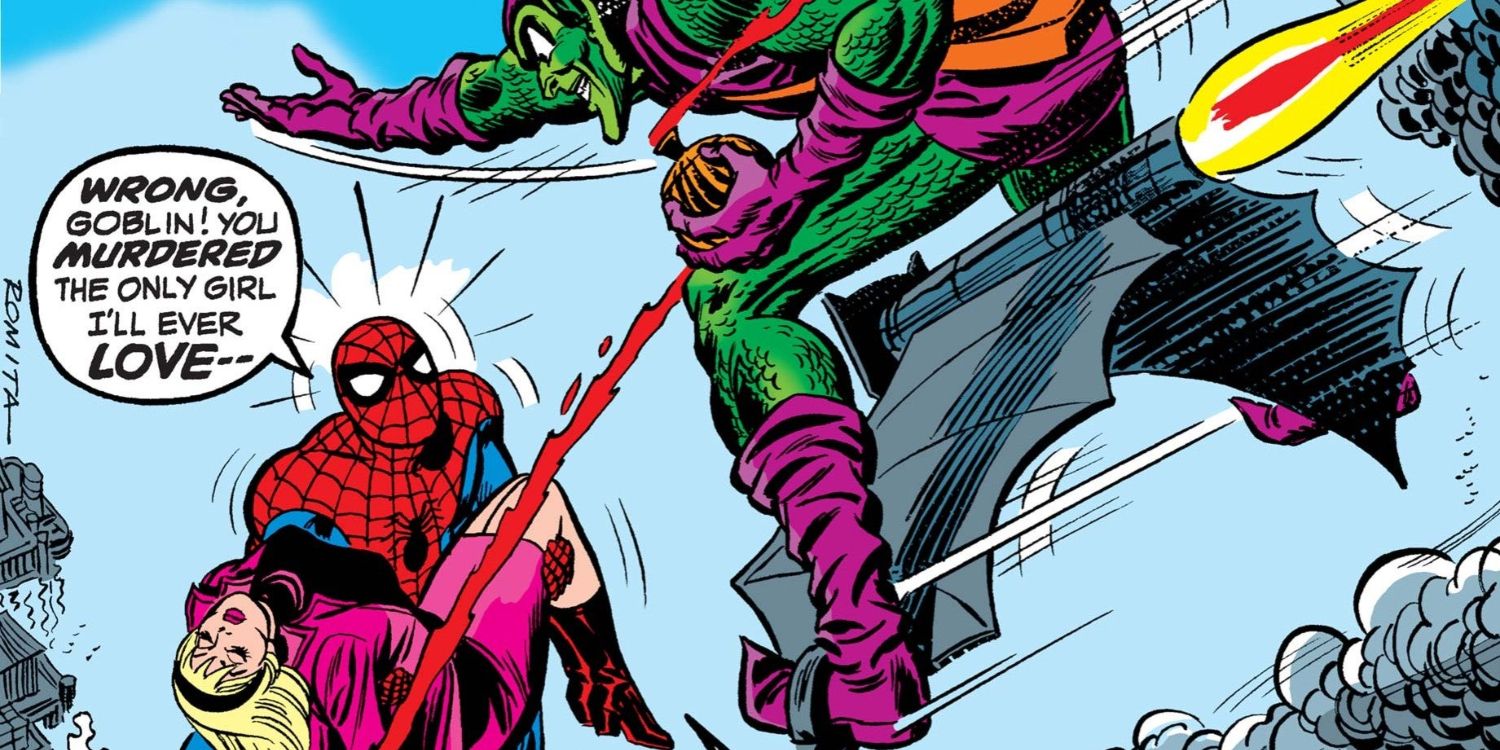 spider-man holding gwen stacy dead in his arms as he challenges the green goblin who's flying right toward him