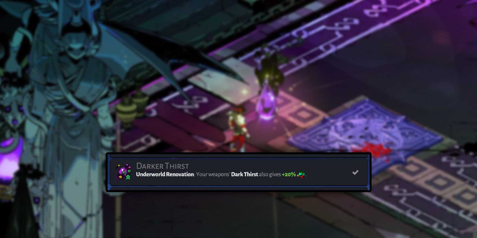 Hades - The Darker Thirst Buff Overlaid On An Image Of Zagreus Looking At Collectible Darkness