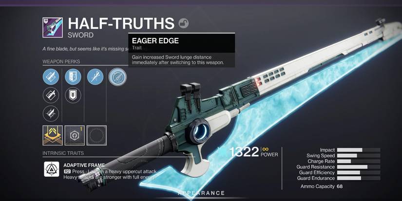 a weapon menu screen with boxes of information around a large sword with a glowing blue blade