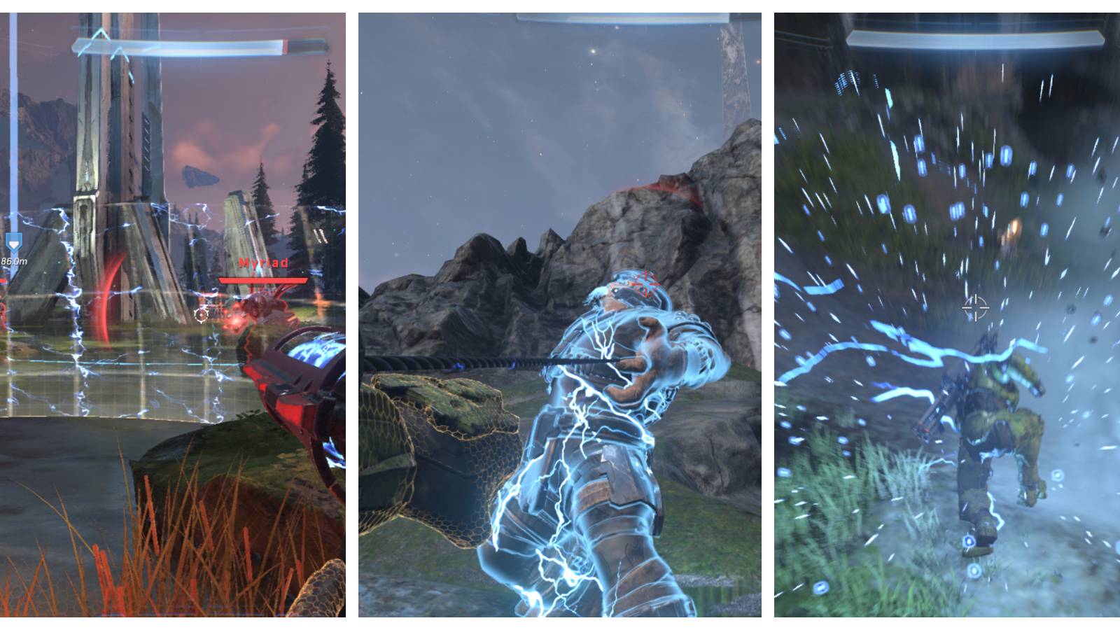 master chief behind a yellow, translucent barrier covered in lightning; master chief shocking an enemy with a cable shooting from his wrist; master chief slamming into the ground in an electrical explosion