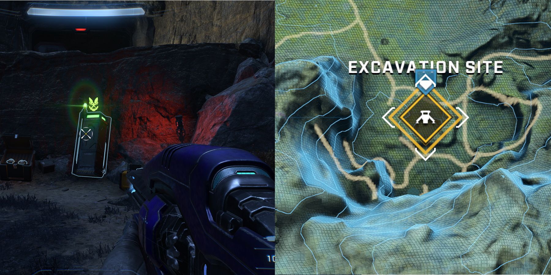 Halo Infinite Excavation Site Mjolnir Armor and map screen