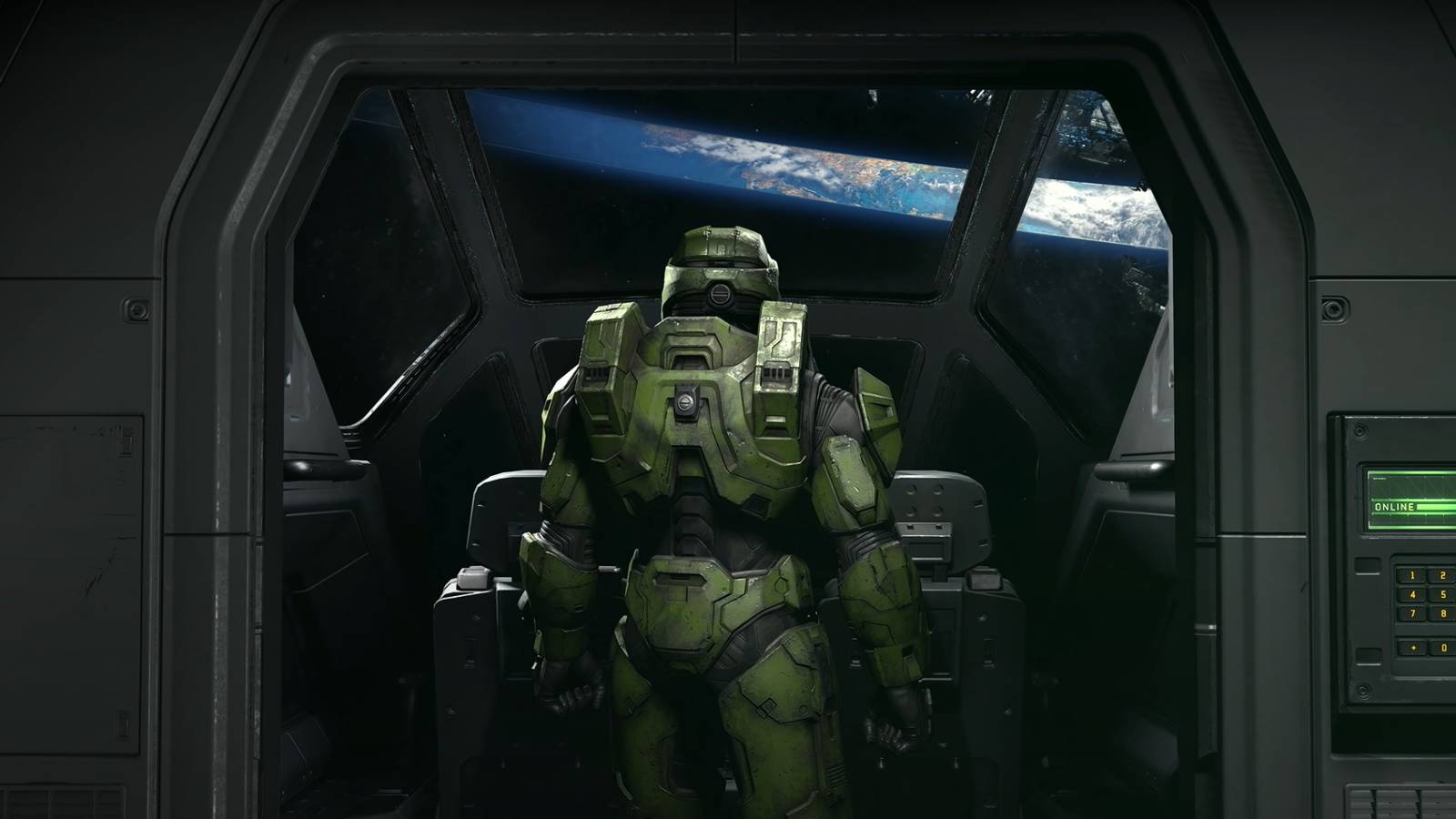 Halo Infinite Master Chief staring at Zeta Halo