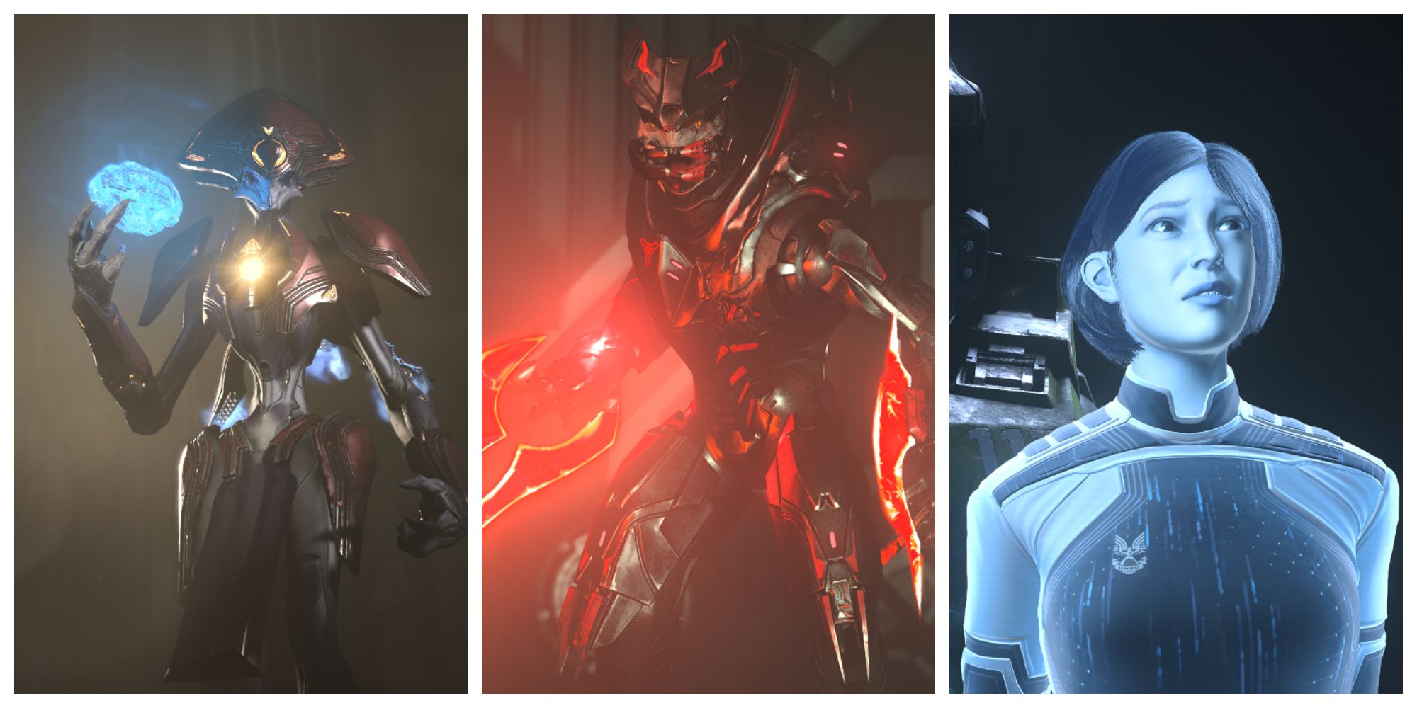 a floating, slender alien in ceremonial, metallic, high-tech armor; an alien with black and red armor and two glowing, red swords; a blue, hologram of a woman in a military uniform 