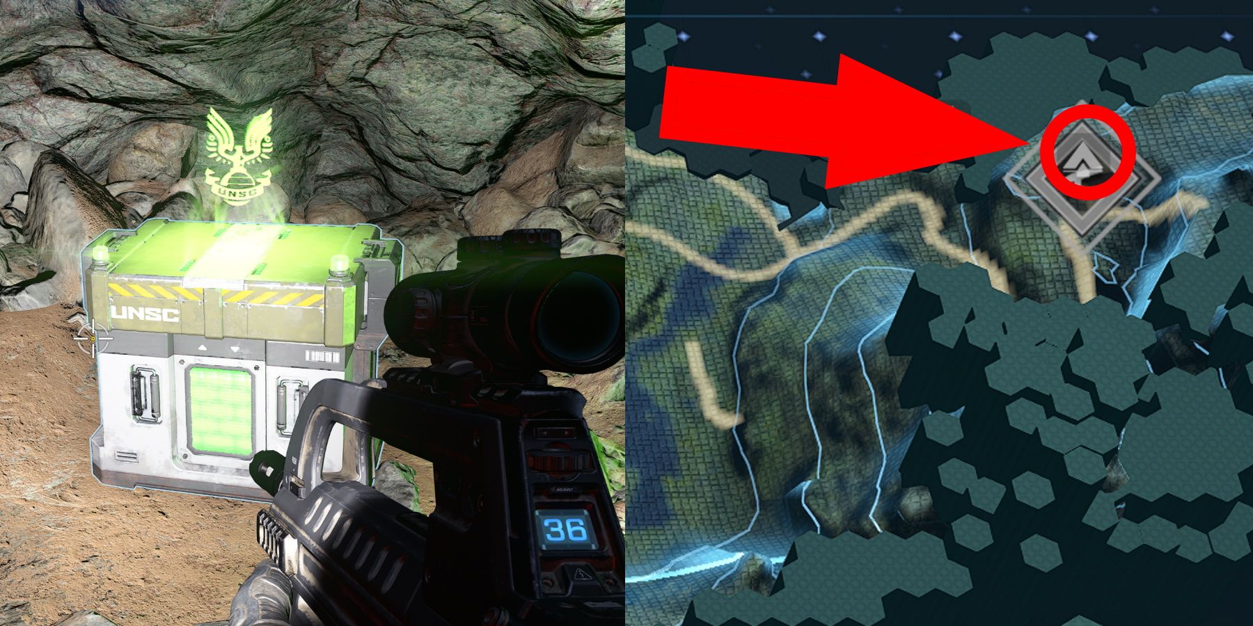 Halo Infinite Pelican Down Collectibles Spartan Core 5 circled on map