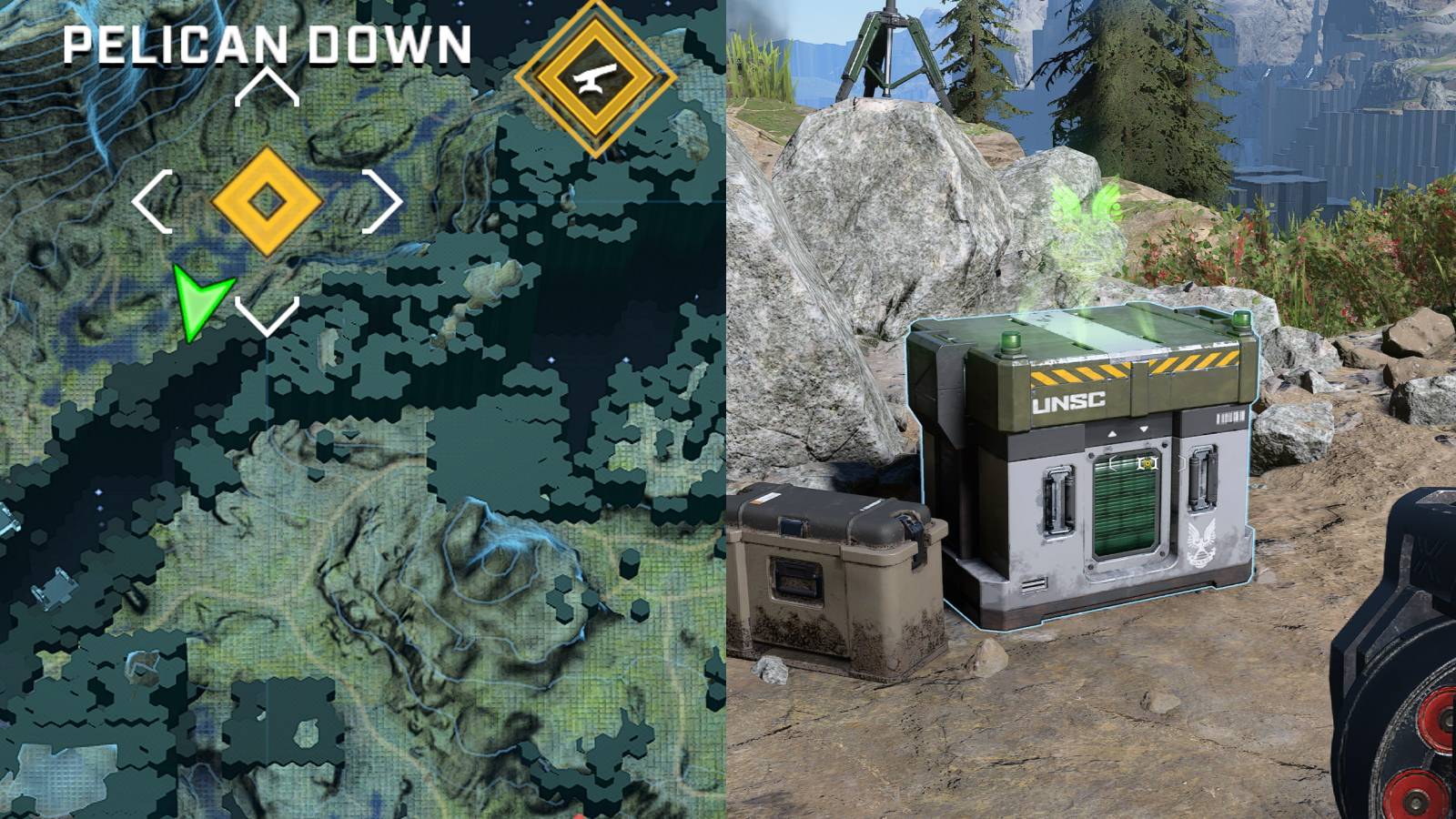 Halo Infinite Pelican Down Collectibles location on map and a spartan core