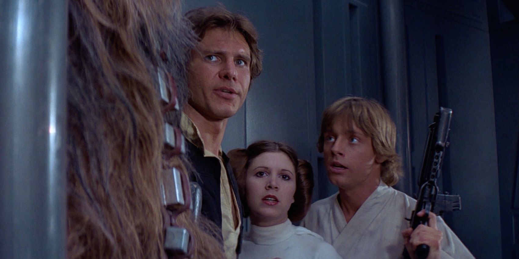 Han, Luke, and Leia hiding behind Chewie on the Death Star in Star Wars