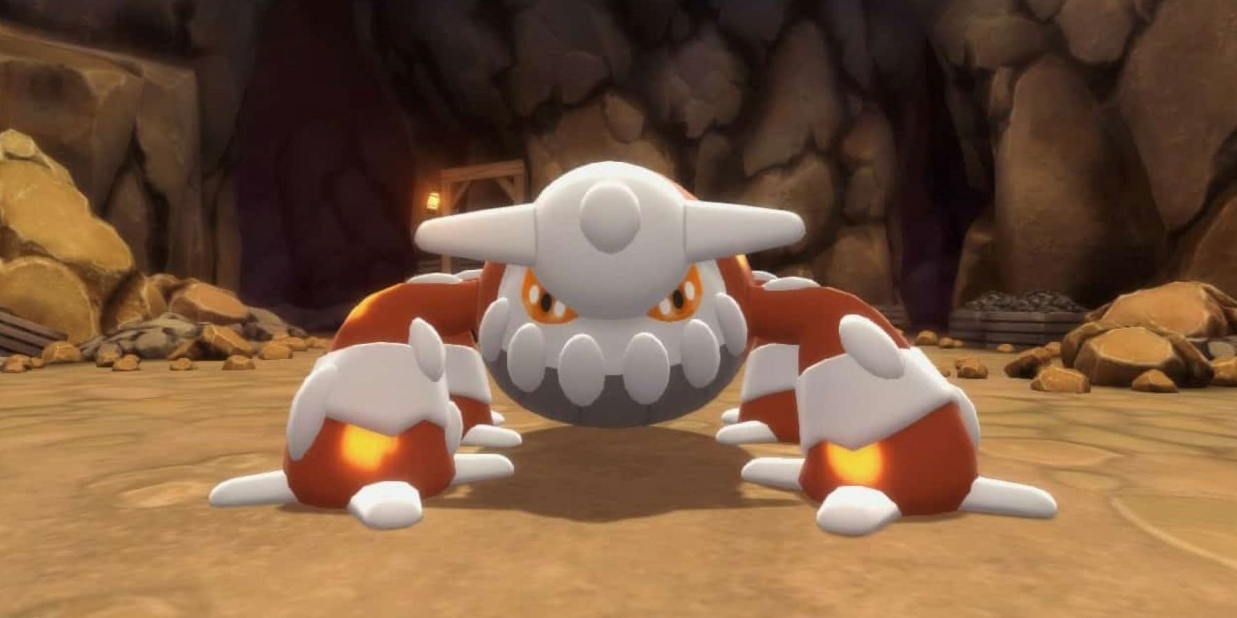A Heatran standing in a Stark Mountain tunnel during a Pokemon Brilliant Diamond and Shining Pearl encounter
