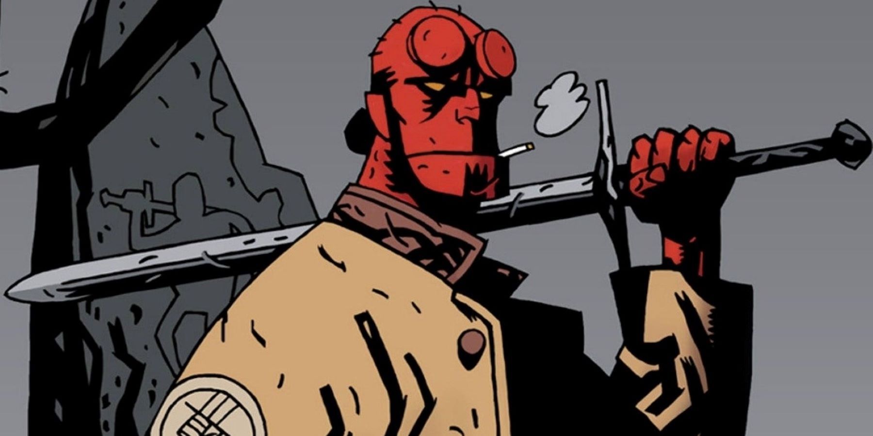Hellboy smoking a cigarette and holding a sword