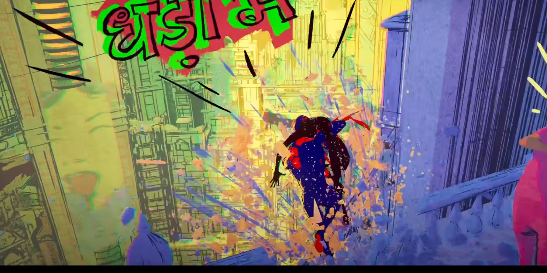Hindi text appearing during the battle of Spider-Man 2099 and Miles Morales