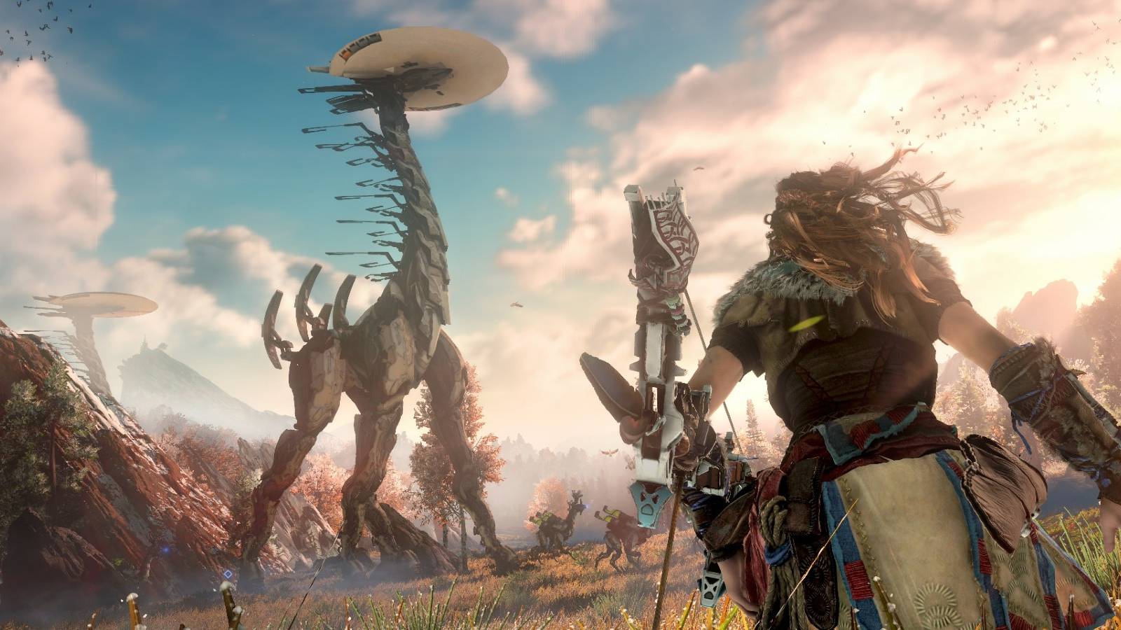 Aloy from Horizon Zero Dawn hunting a technological beast