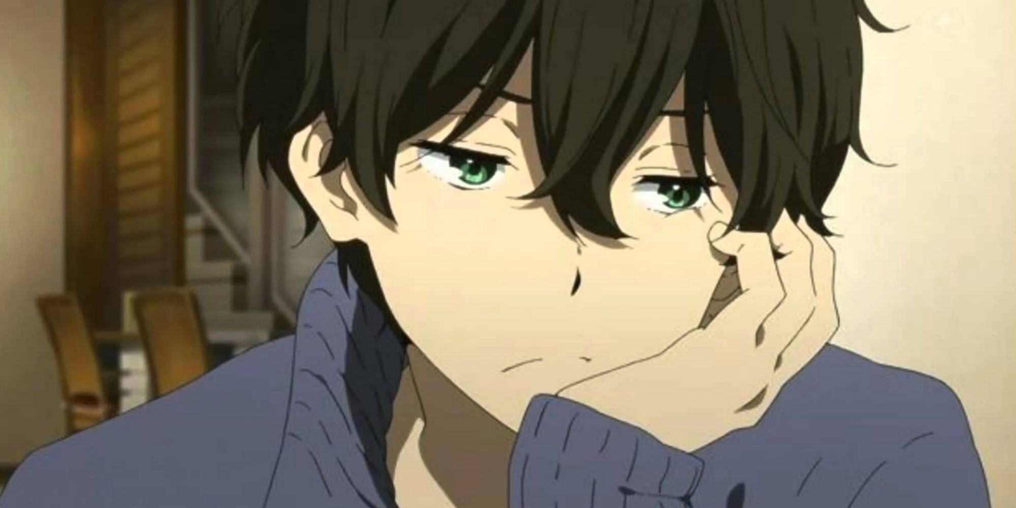 Houtarou Oreki resting his face on his hand looking bored in hyouka