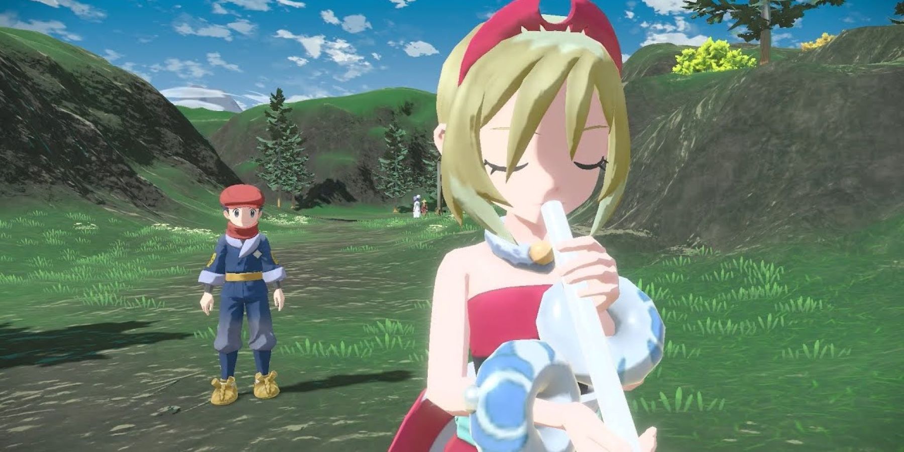 The male Pokemon Legends: Arceus protagonist watching Irida play a flute