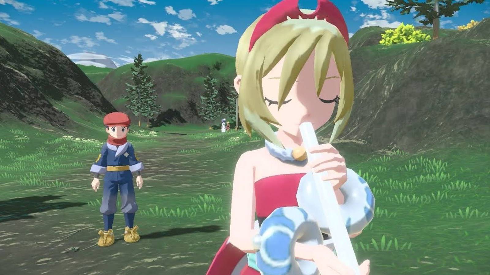 The male Pokemon Legends: Arceus protagonist watching Irida play a flute