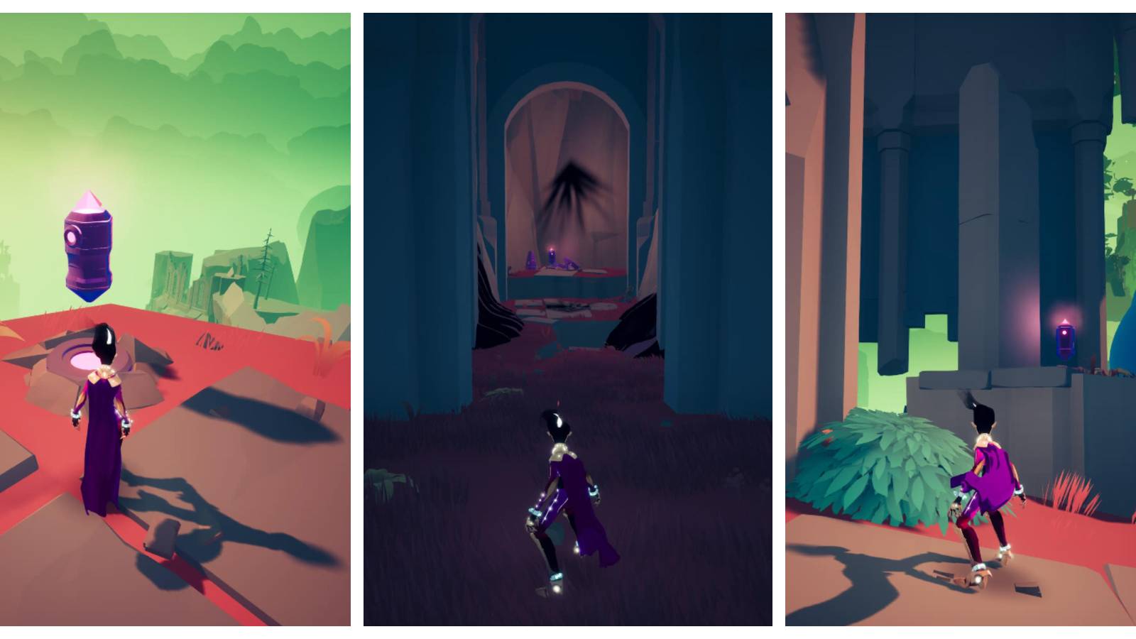 three images: rei on a cliff edge looking at a stash; rei looking through a large doorway into a dark chamber; rei looking at a stash on a nearby floating rock