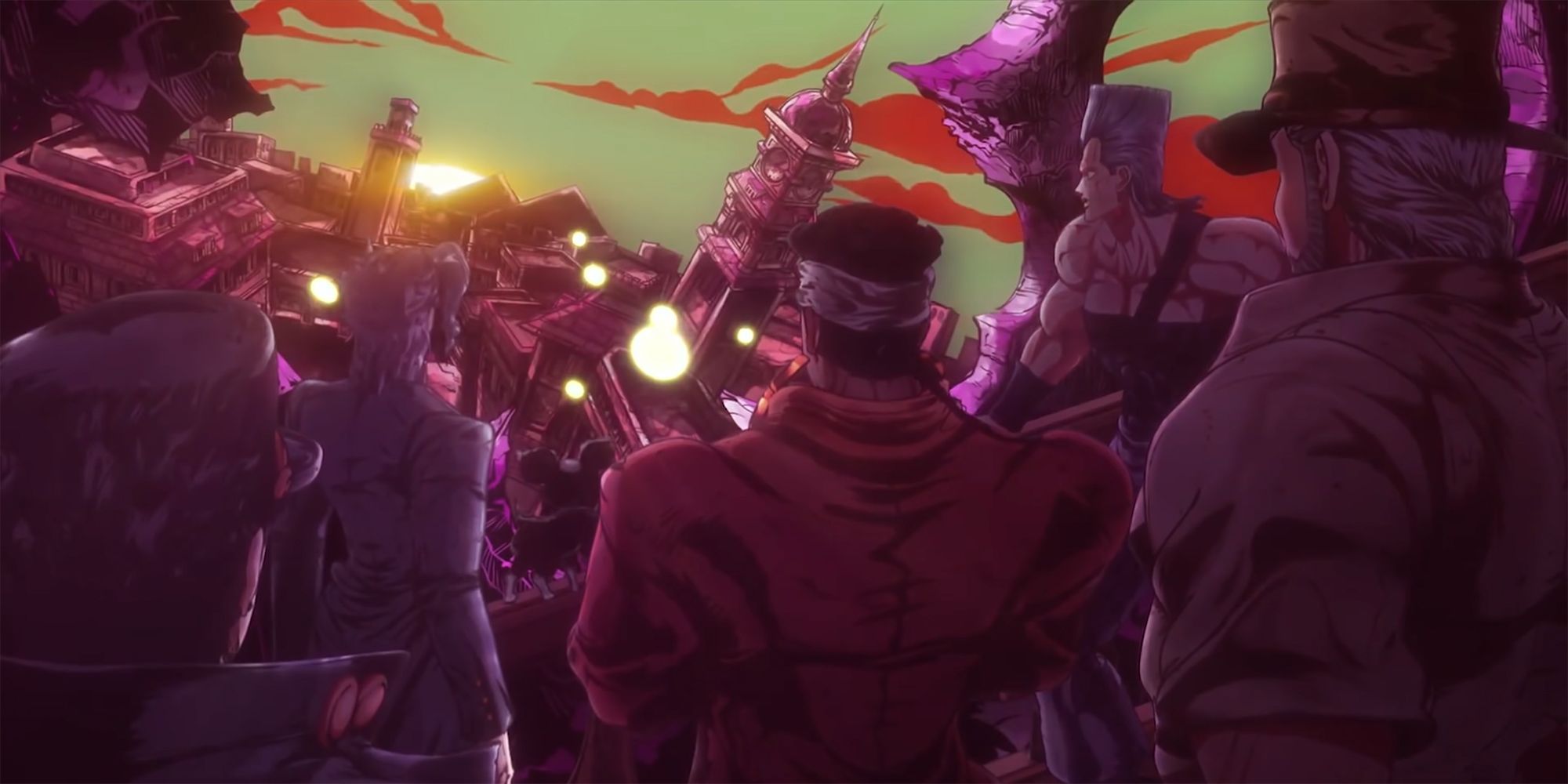 Jojo's Bizarre Adventure - Still Frame From End Of The World Part 3 OP With The Whole Group Looking At Lights In The Sky