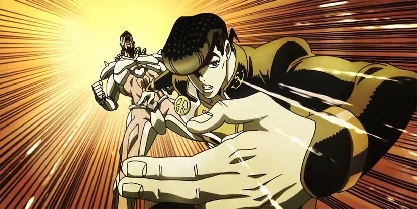 Jojo's Bizzare Adventure - Still Frame From Part 4 OP Chase Of Josuke Winding Up A Punch With Crazy Diamond Screaming Behind Him