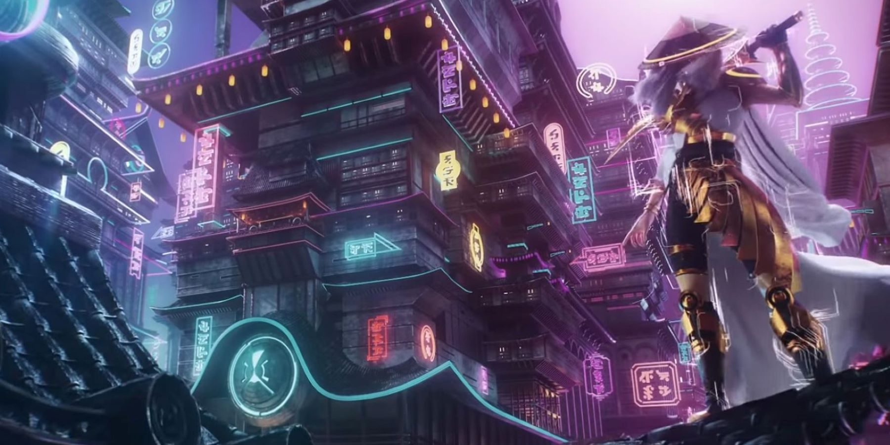 Странник стоит на крыше в киберпанк-городе из Magic: The Gathering.
