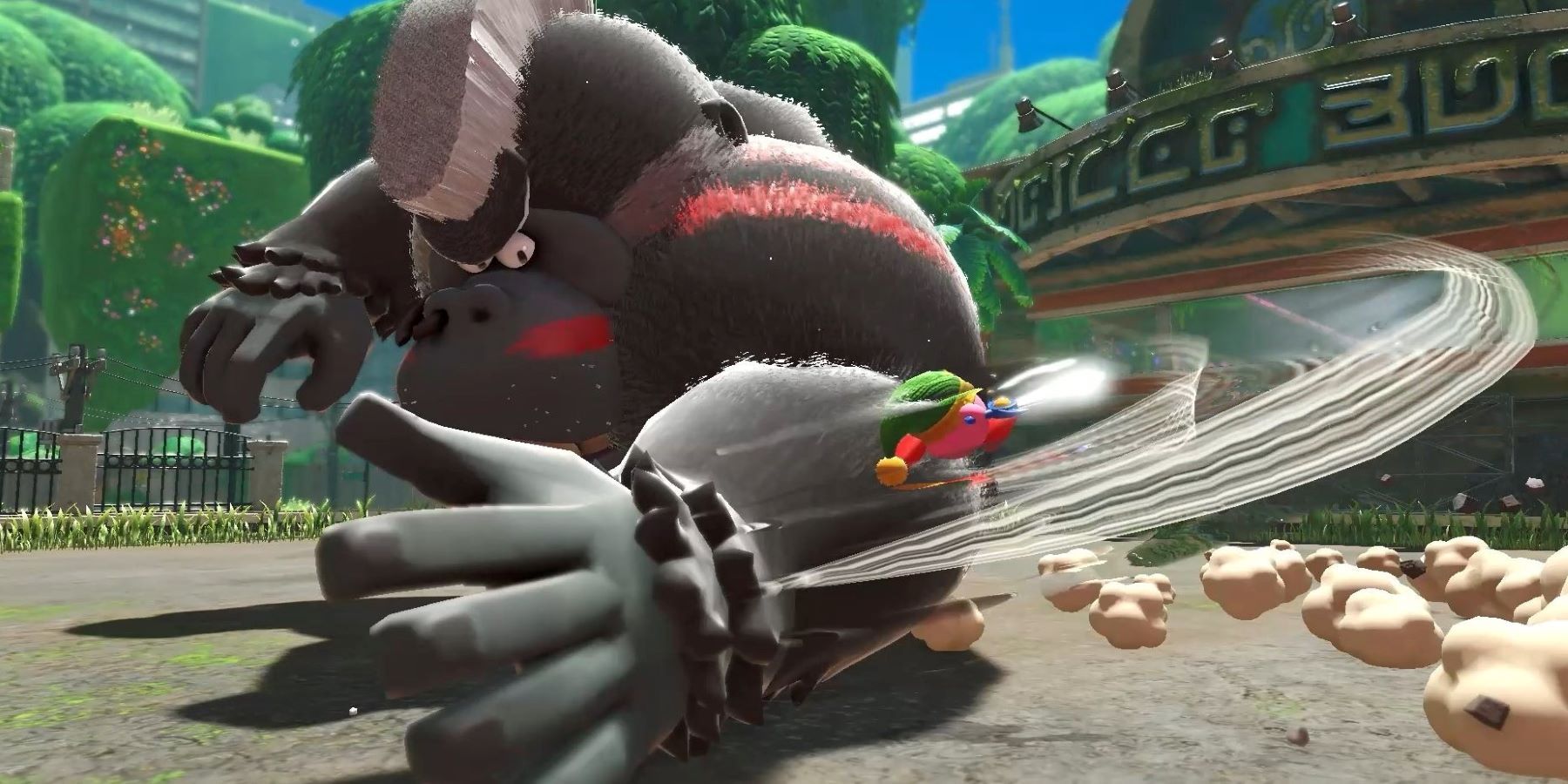 Sword Kirby fighting the gorilla boss in Kirby and the Forgotten Land