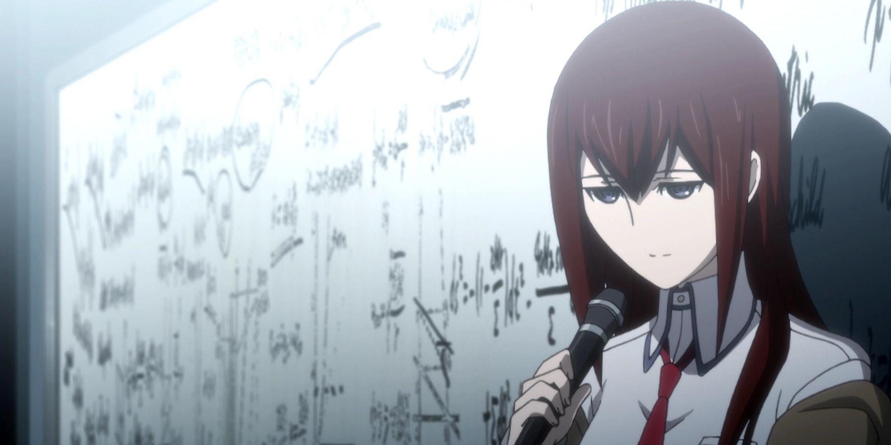 Kurisu delivering a lecture in the Steins Gate anime