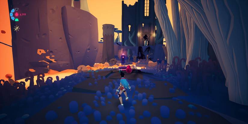 rei facing a cache at the edge of a lava river with a red plasma ball floating in front of it