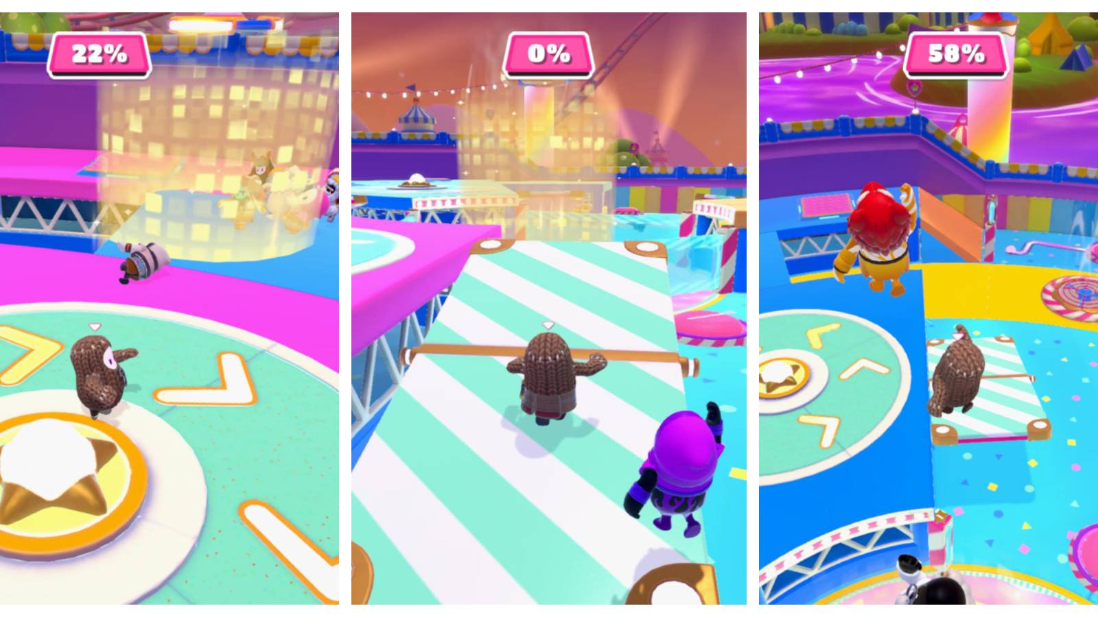 a fall guy bean on a green spinning track with a gold spotlight behind it; a fall guy bean running up a green and white striped ramp; a fall guy bean leaping toward a platform from high in the air 