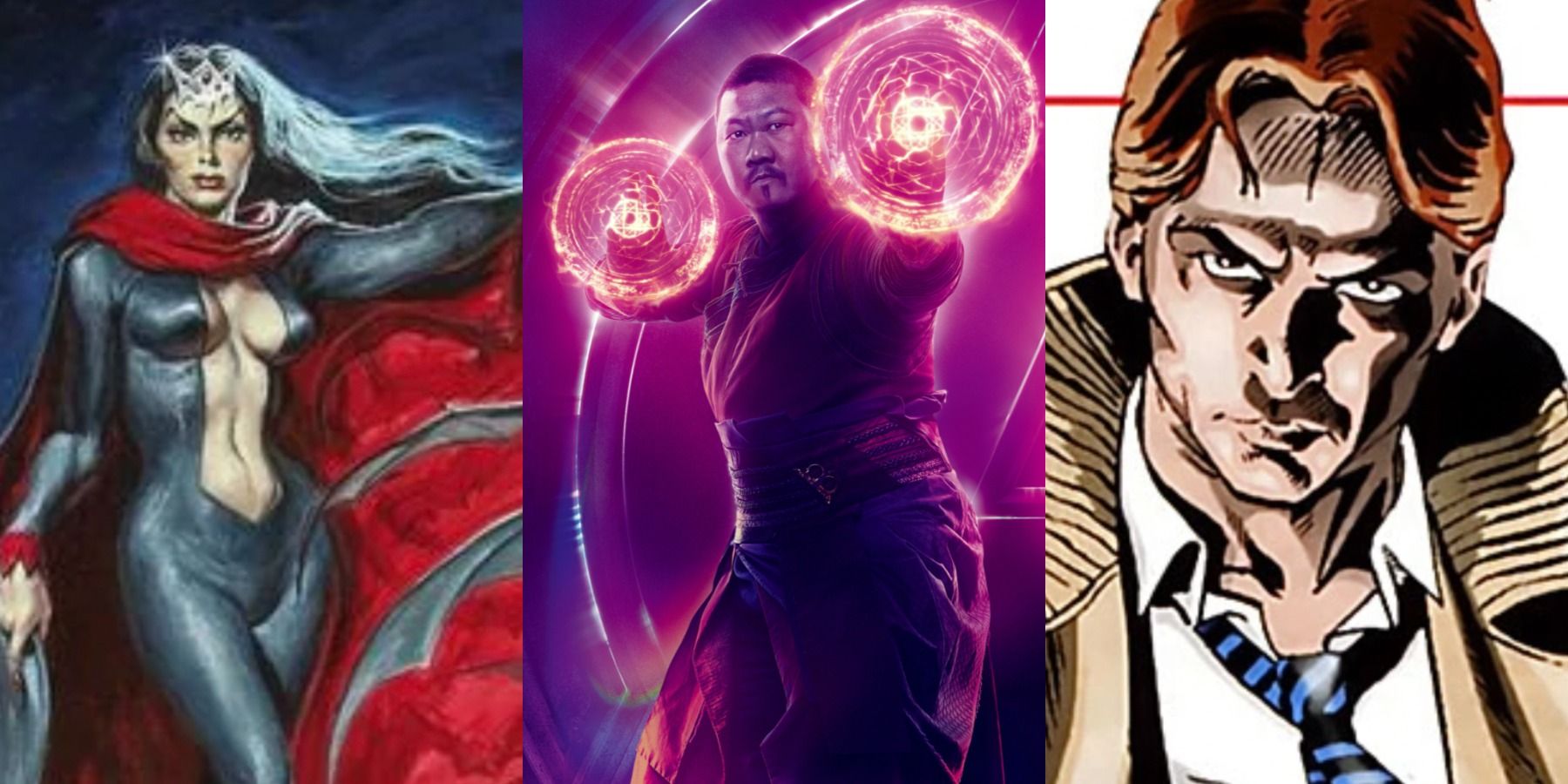 A split image depicts Lilith Drake in Marvel comics, Wong in the MCU, and Hannibal King in Marvel comics