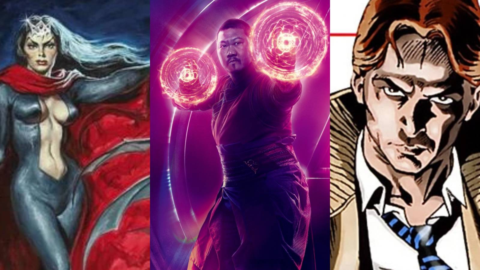A split image depicts Lilith Drake in Marvel comics, Wong in the MCU, and Hannibal King in Marvel comics