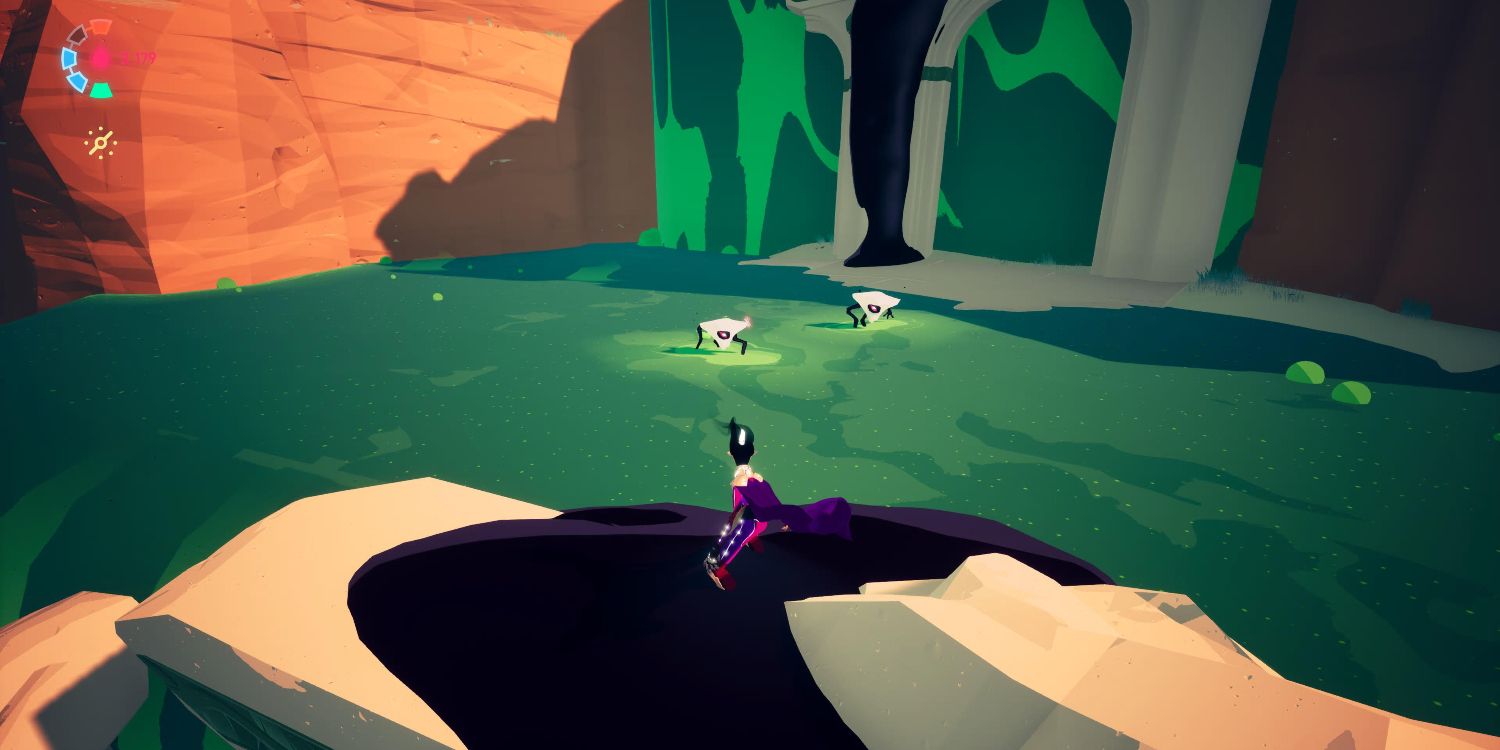 a figure standing on a cliff looking down on two small, bony enemies in a pool of green liquid