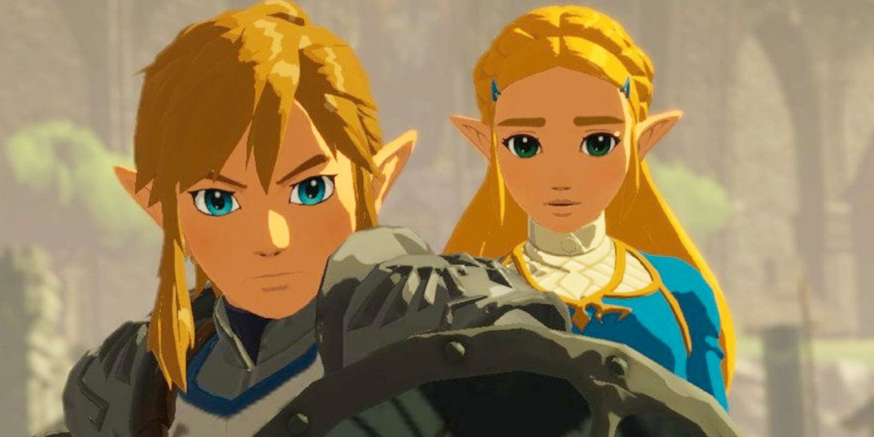 Link wears the soldier's armor and stands in front of Princess Zelda in The Legend of Zelda: Breath of the Wild