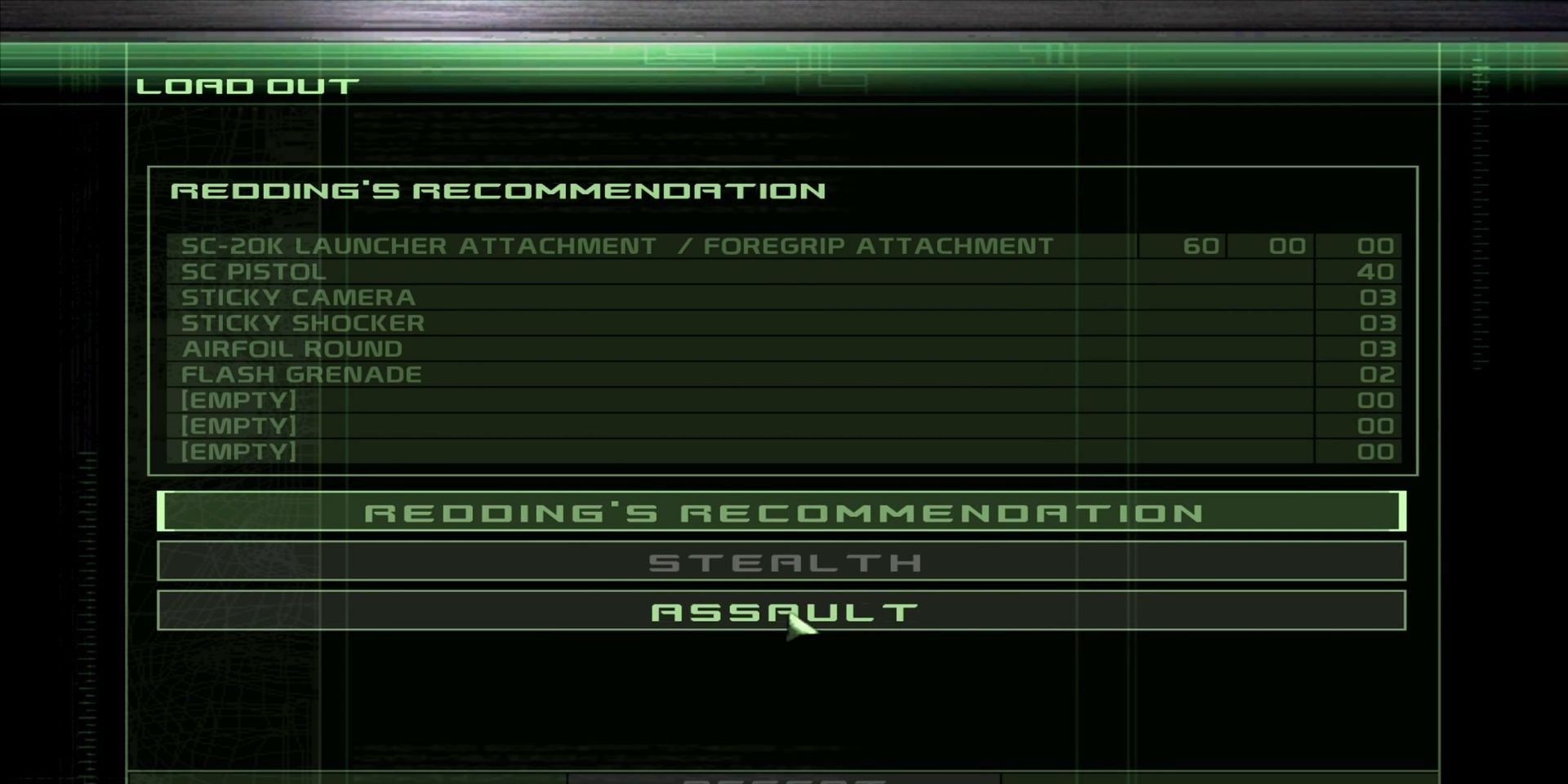 Loadout Screen From Splinter Cell Chaos Theory