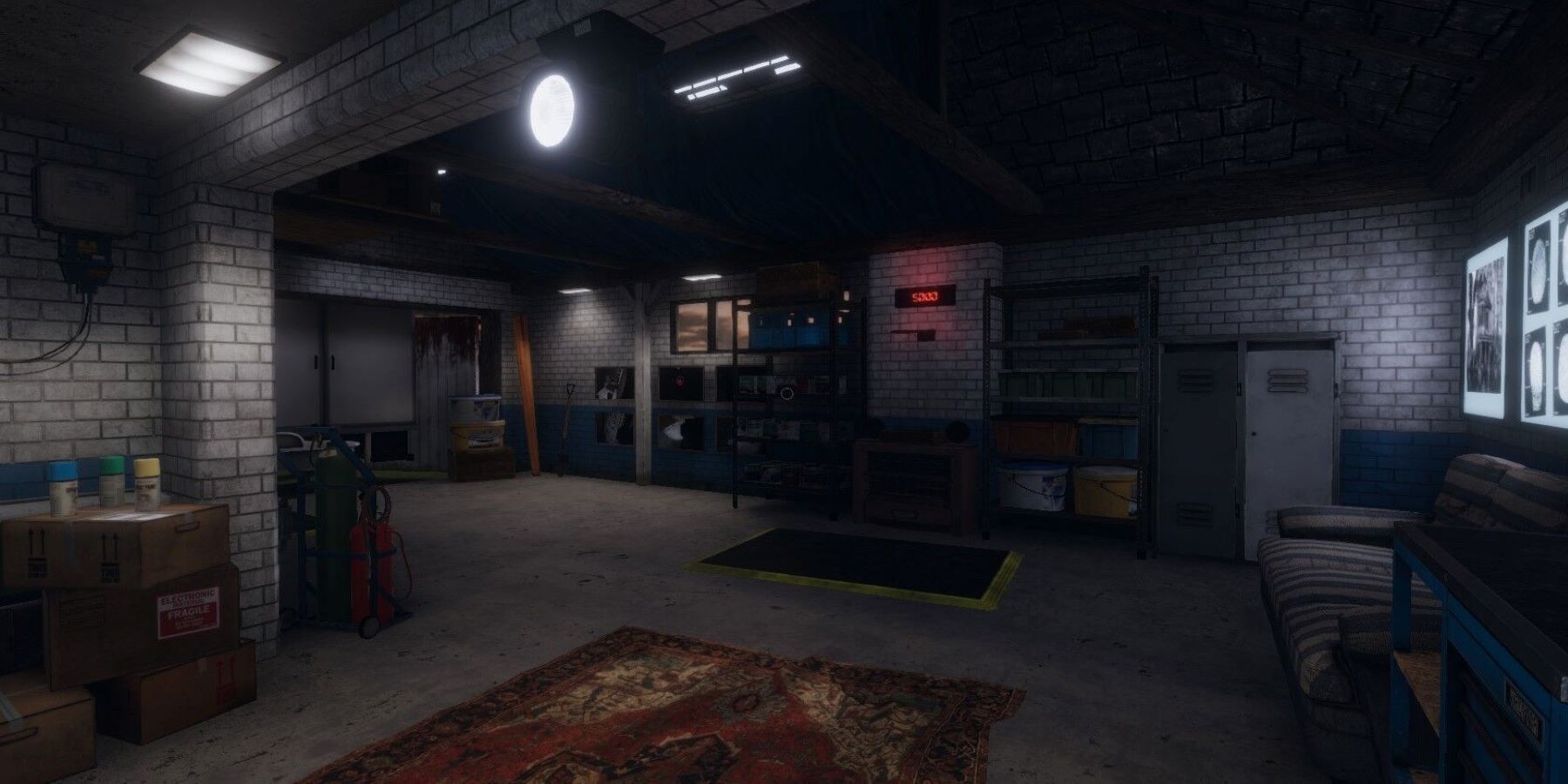 Screenshot of the Phasmophobia lobby from the main menu board, showing the lockers, basketball hoop, and carpet