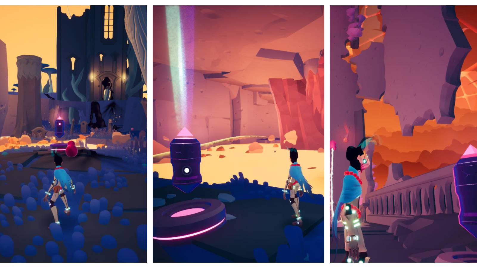 rei facing a cache at the edge of a lava river; rei standing next to a cache at the edge of a lava lake; rei facing a cache next to an ancient railing