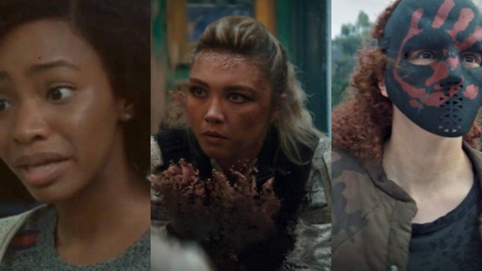A split image depicts Monica Rambeau, Yelena Belova, and a Flag Smasher in the MCU