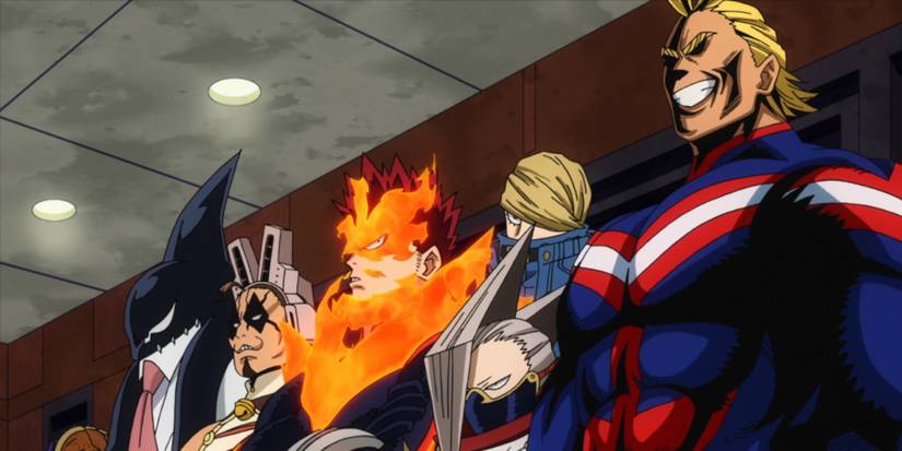 MHA Heroes All Might, Edgeshot, Best Jeanist, Endeavor, Tiger, and Gang Orca lined up