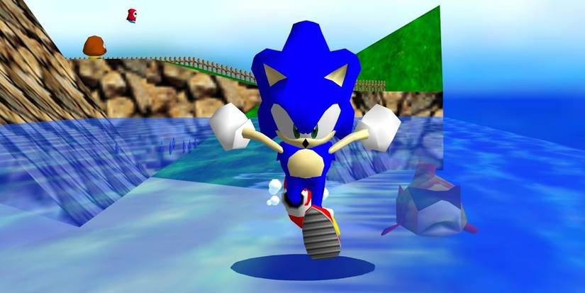 Mario 64 Sonic Edition fan mod gameplay of Sonic running towards camera across the water
