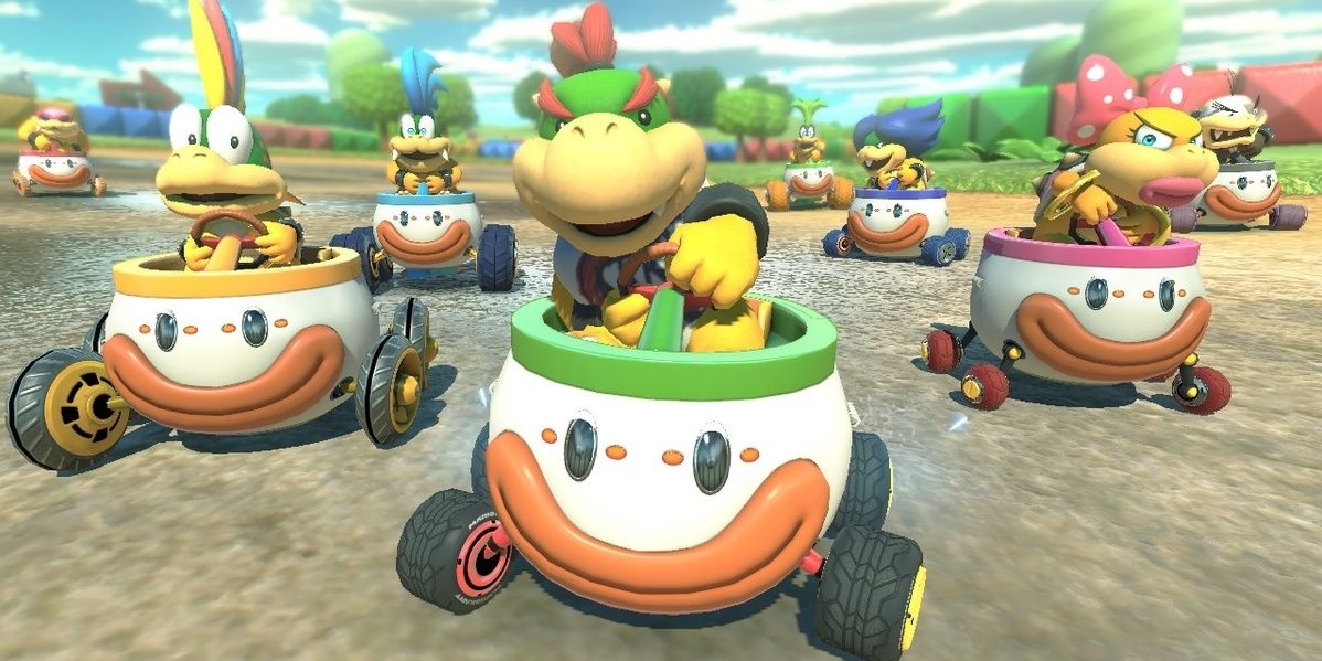 Bowser Jr and Koopalings driving Clown Cars in Mario Kart 8 Deluxe