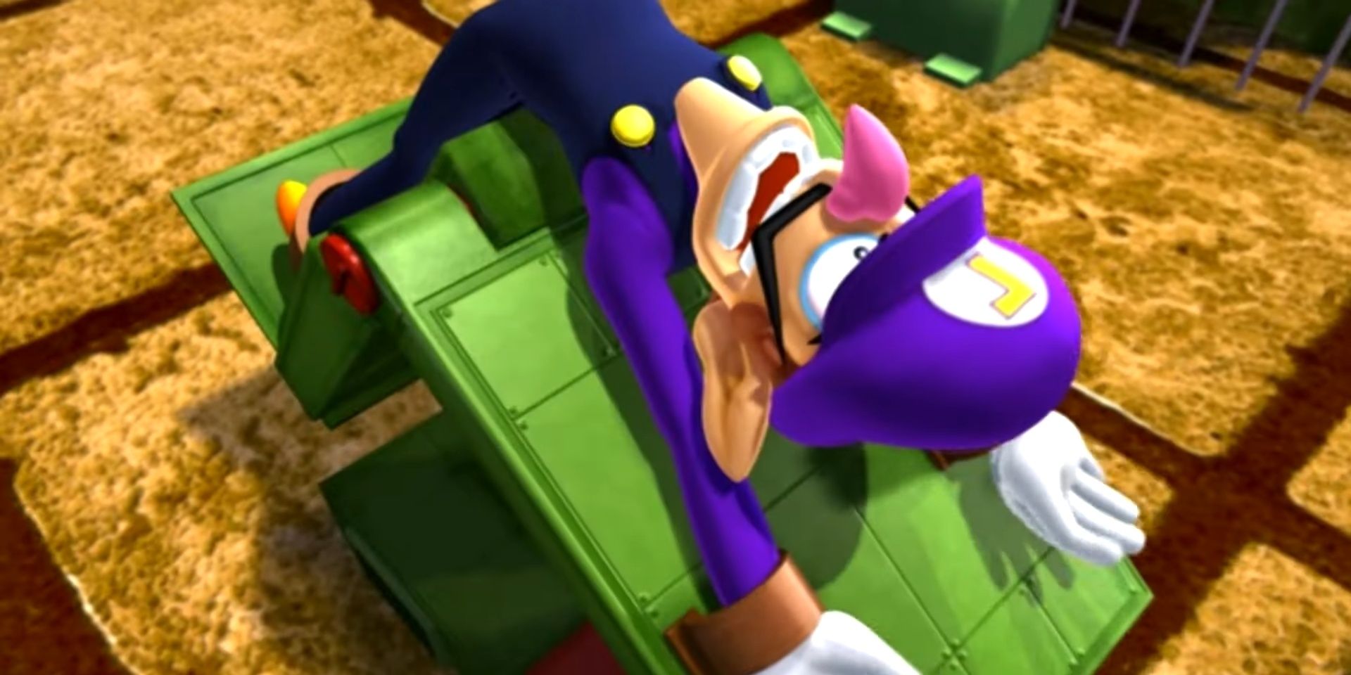 Waluigi being stretched in Mario Power Tennis