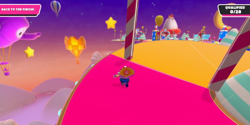 a fall guy bean in a flower hat runs toward a small gap between a small post and the edge of a tilting platform