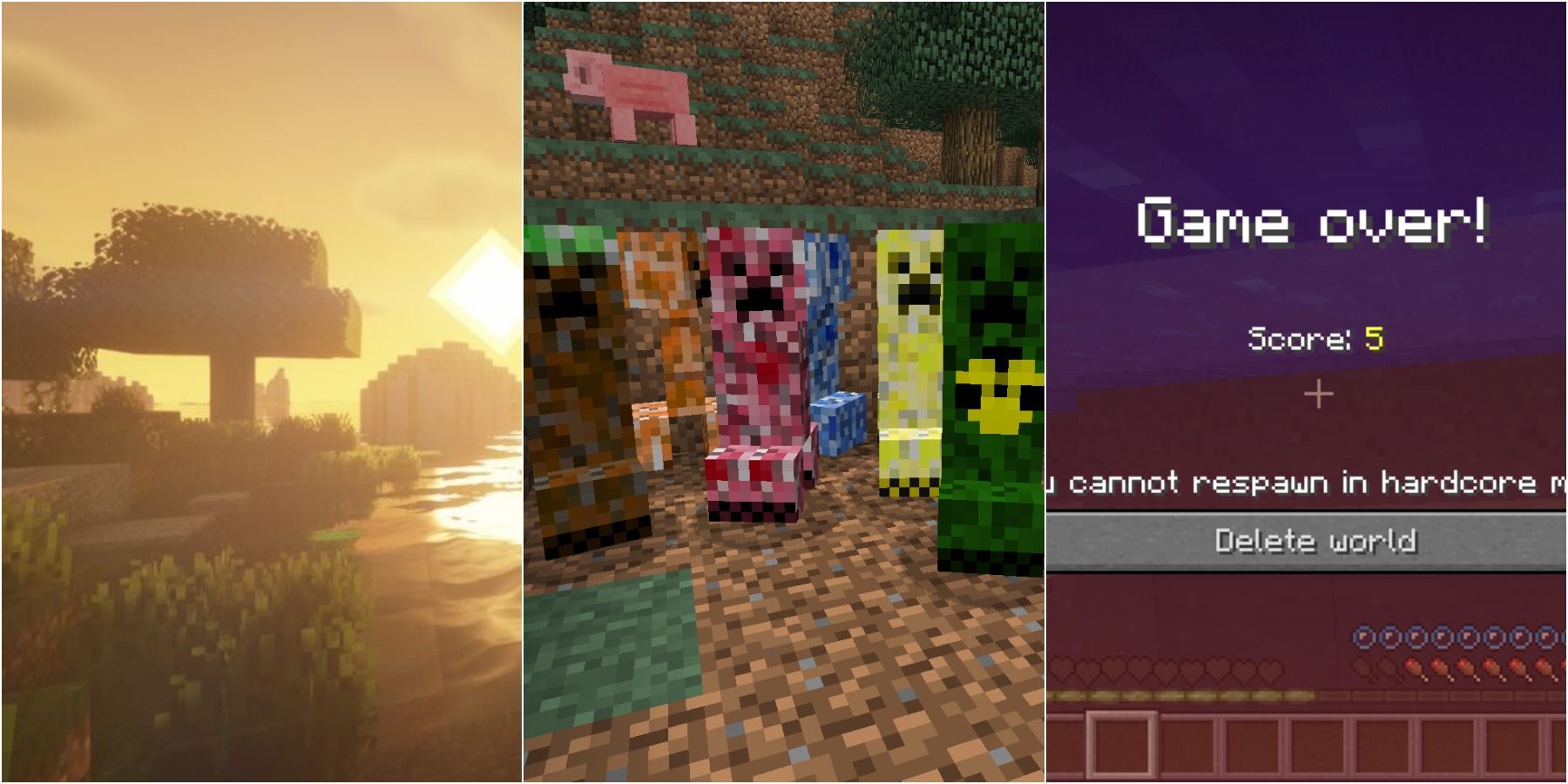 Minecraft split image of sunset, modded creepers, game over screen