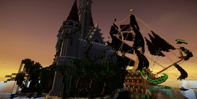 A ship and castle on PirateCraft in Minecraft