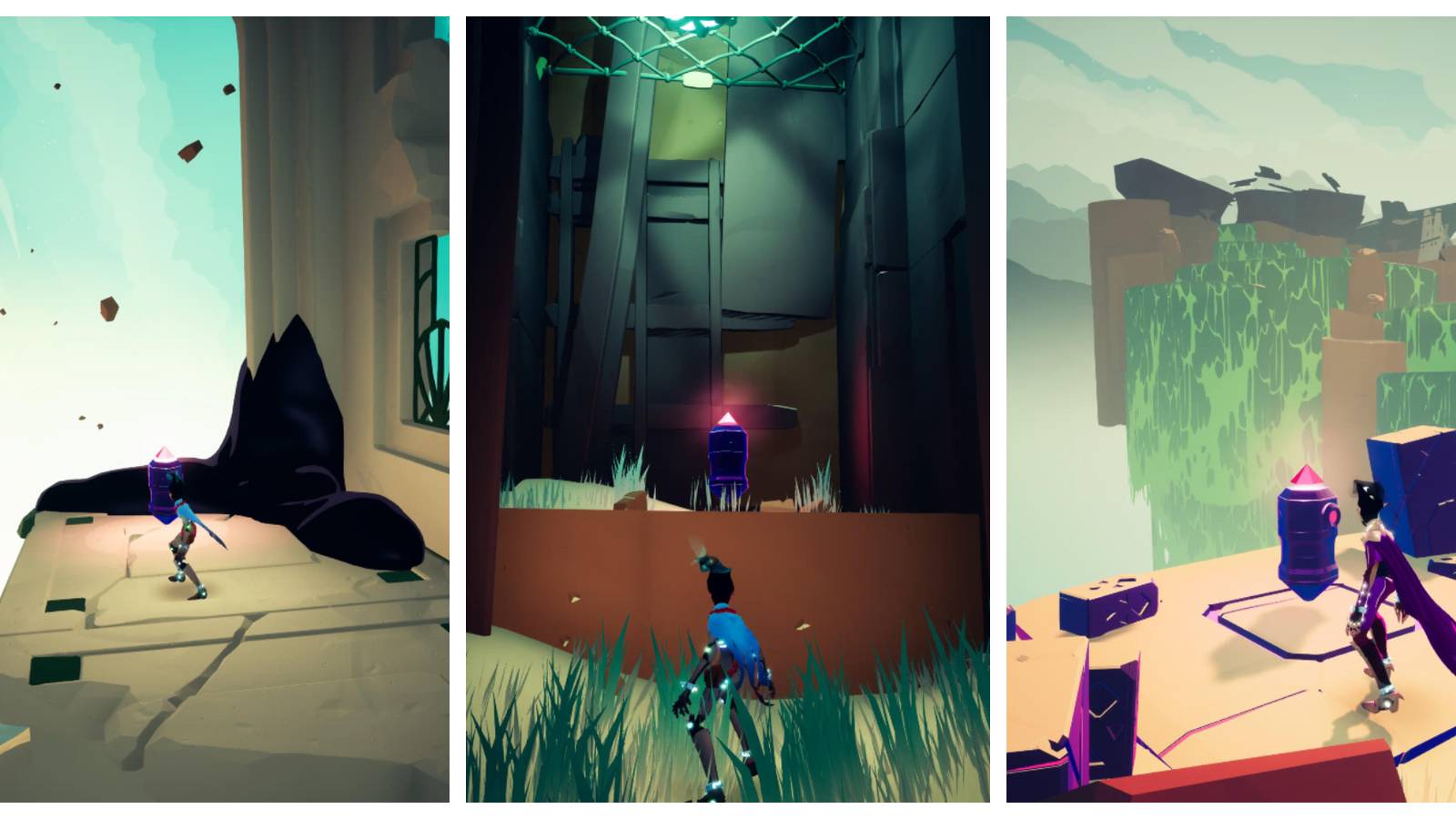 rei on the upper floor of a ruined building; rei standing below a ledge with a cache on it; rei standing before a cache with waterfalls in the distance