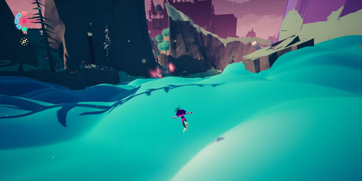 a small figure skating over blue, cloud-like terrain with cliffs and trees in the distance