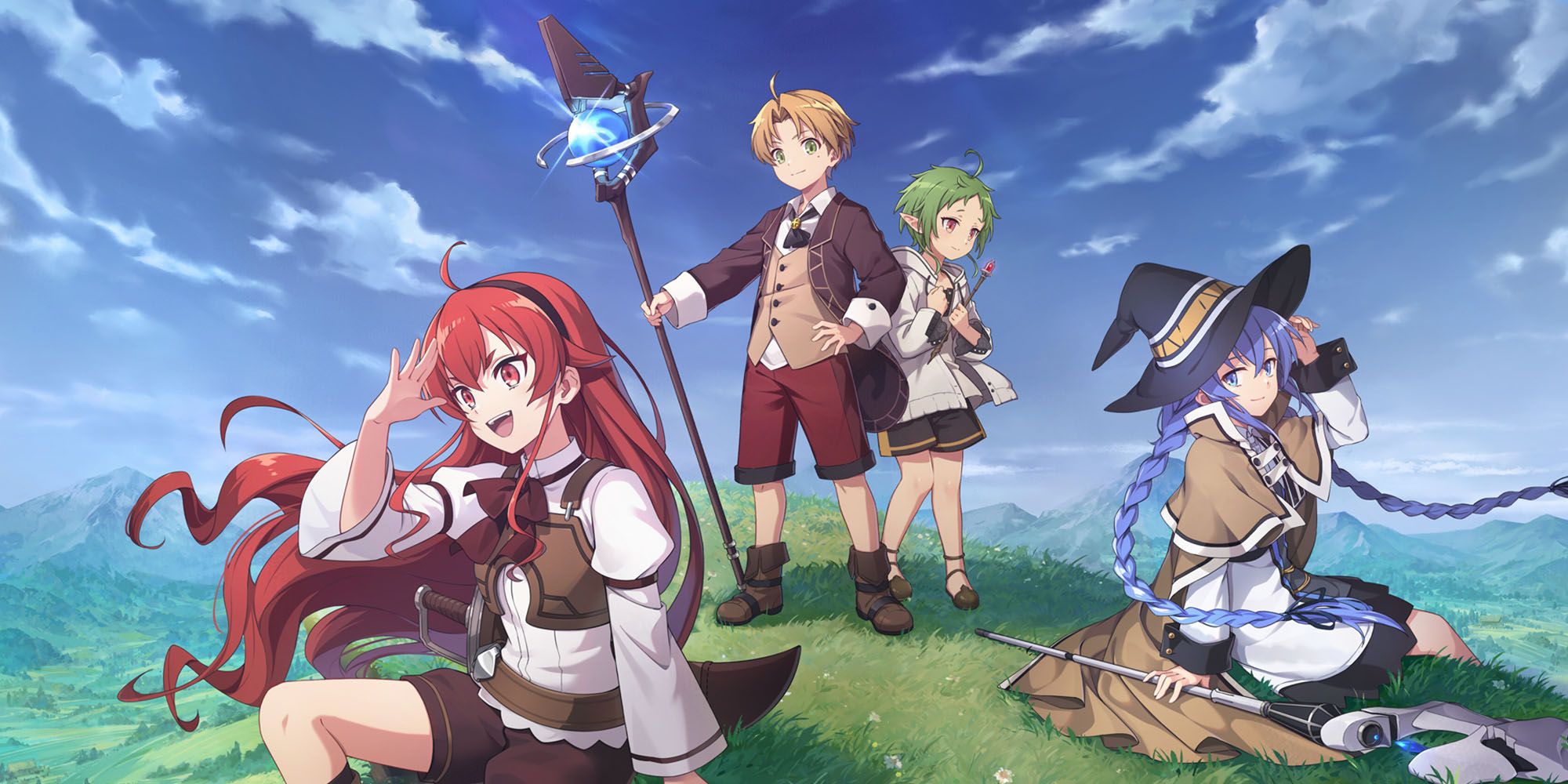 Mushoku Tensei Cover Art That Includes Roxy, Eris, Rudeus, And Sylphie