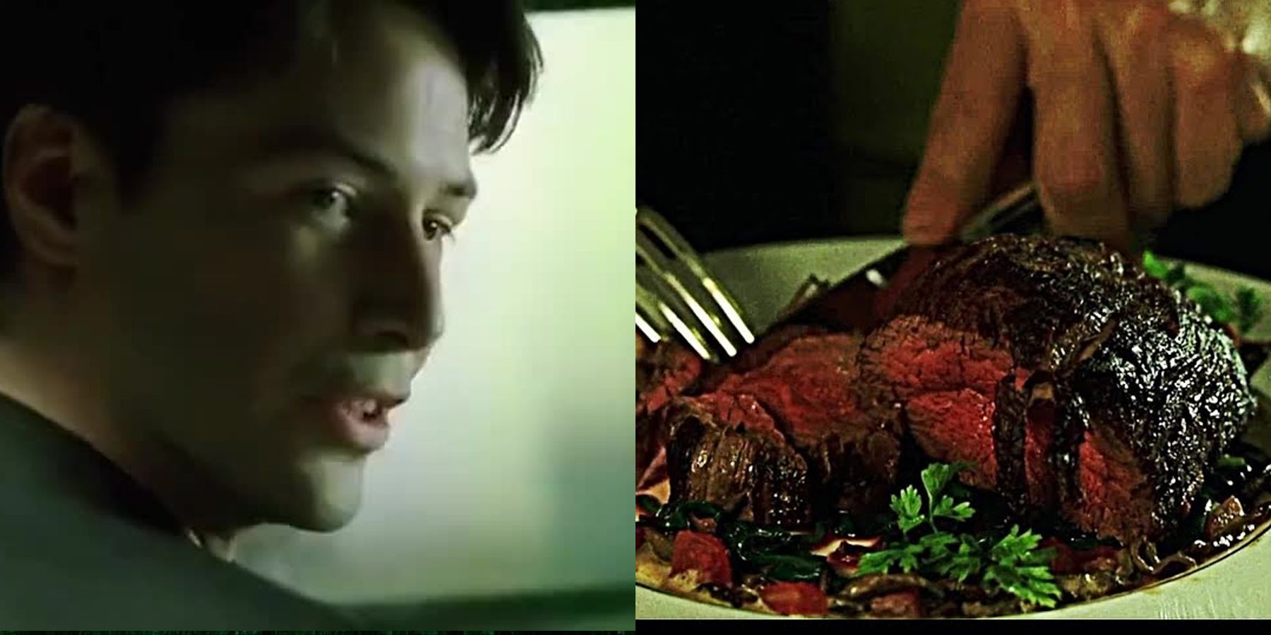 Нео говорит о лапше, а Сайфер ест стейк в «Матрице 1»