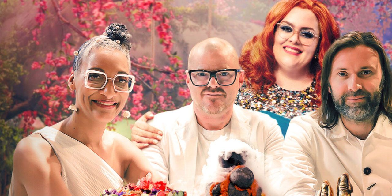 Netflix-Crazy-Delicious-host-Jayde-Adams,-with-Carla-Hall,-Niklas-Ekstedt,-and-Heston-Blumenthal-as-judges