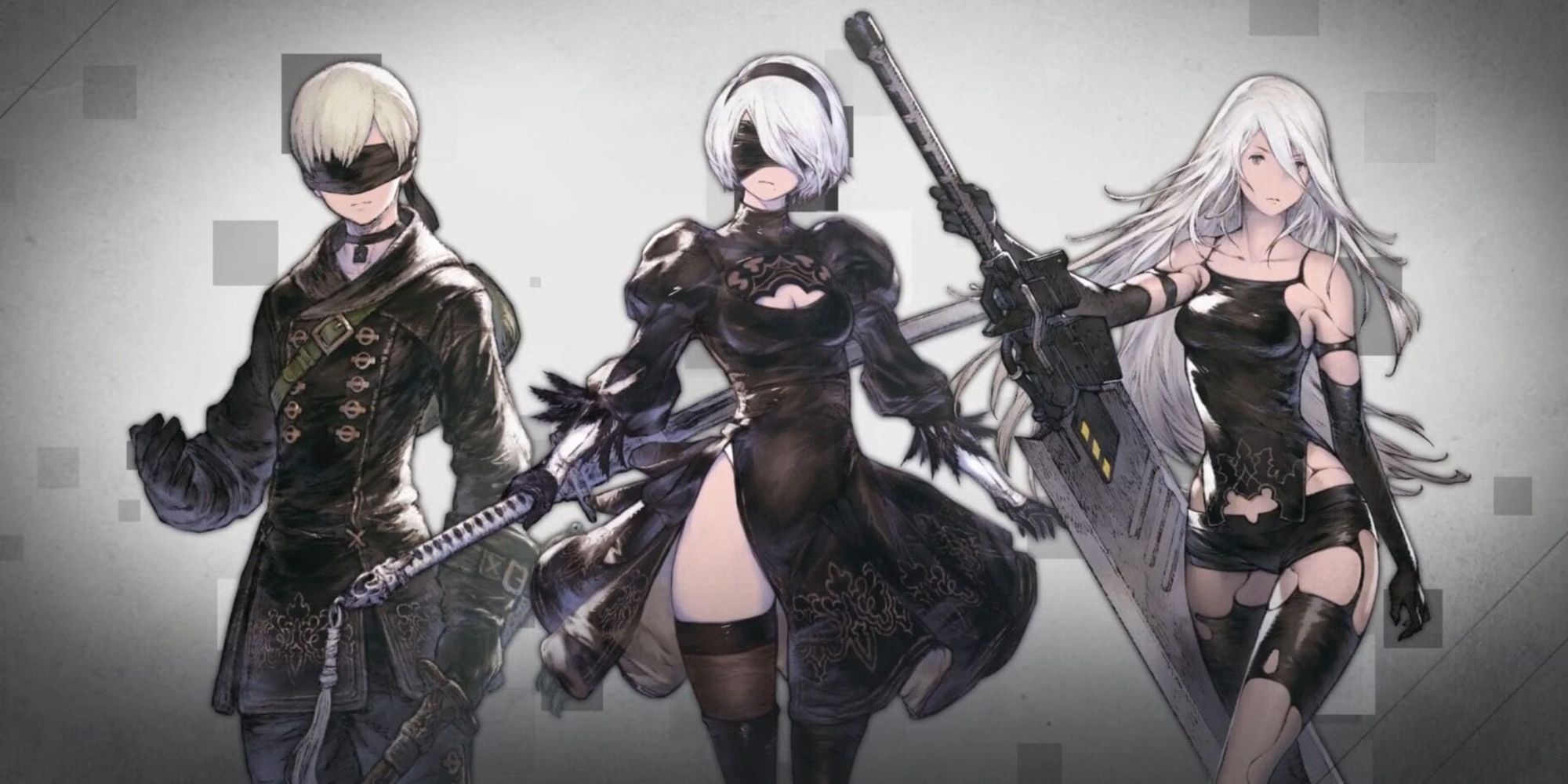Nier Automata - The Three Main Playable Cast Members A2, 2B, and 9S